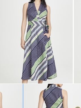 Tory Burch, NEW, Green and Navy Striped Wrap Midi Dress, Sz 8